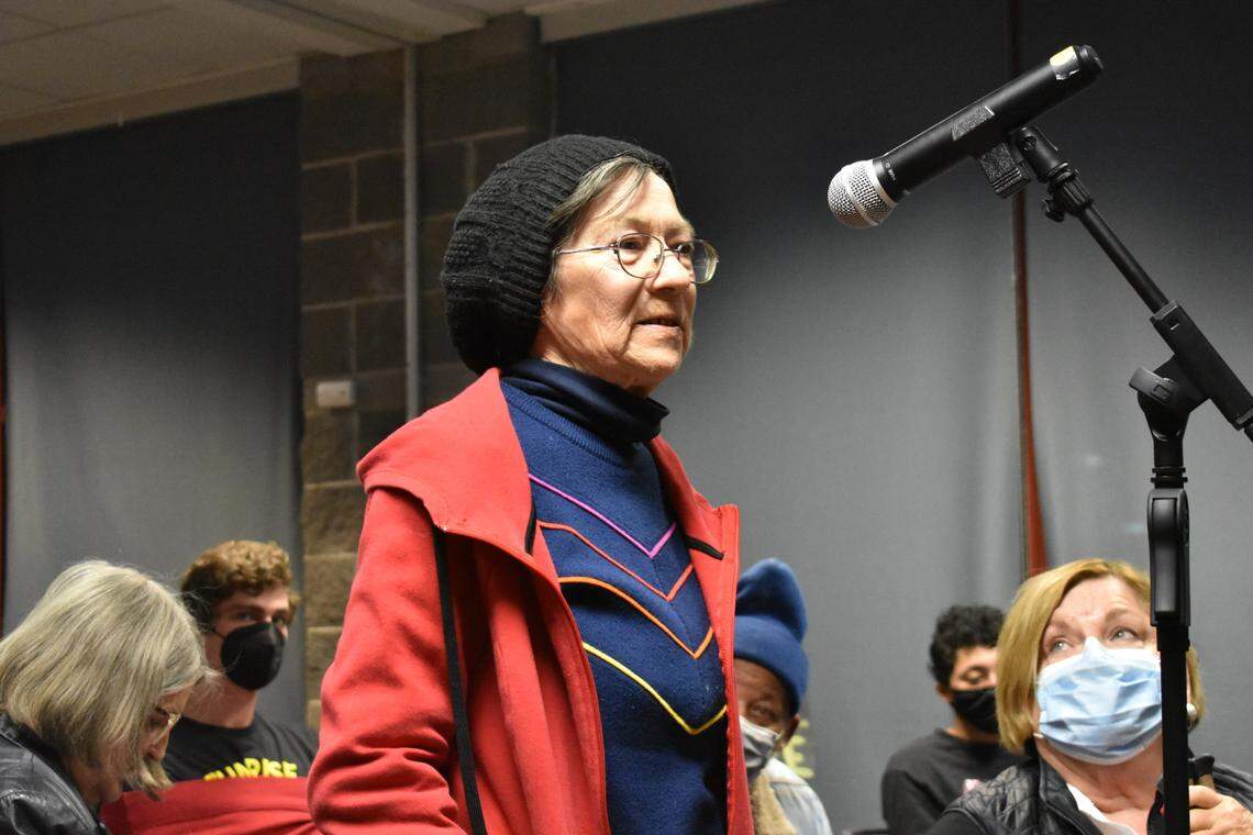 Kansas City resident Elaine Artzer testifies before the Missouri Public Service Commission at a public hearing at Gregg/Klice Community Center on Tuesday, Oct. 18, 2022. The commission regulates natural gas giant Spire, which requested a rate increase in March.