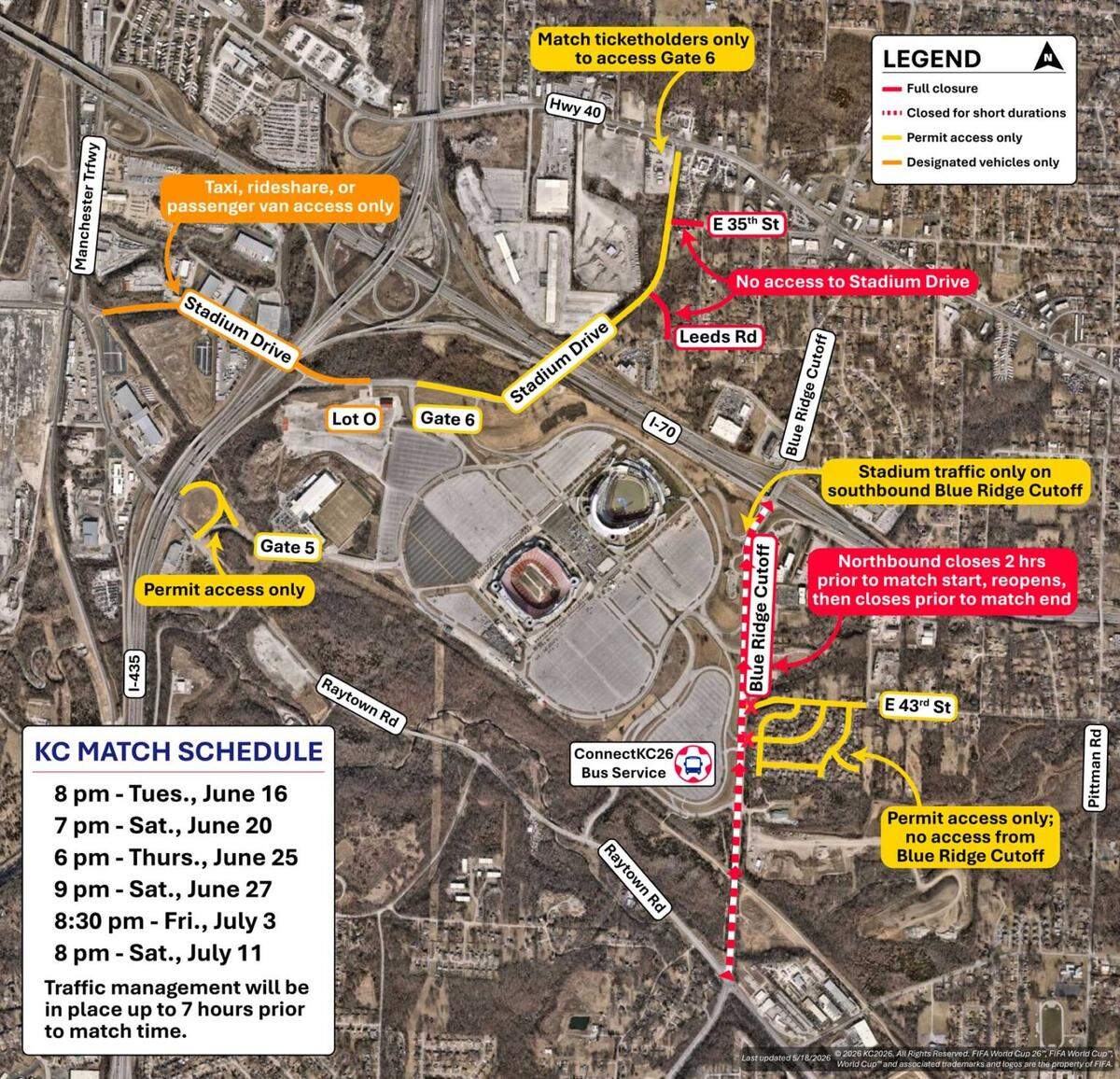 Here’s a look at how traffic will flow on the days of the six matches, according to KC2026, Kansas City’s World Cup committee.