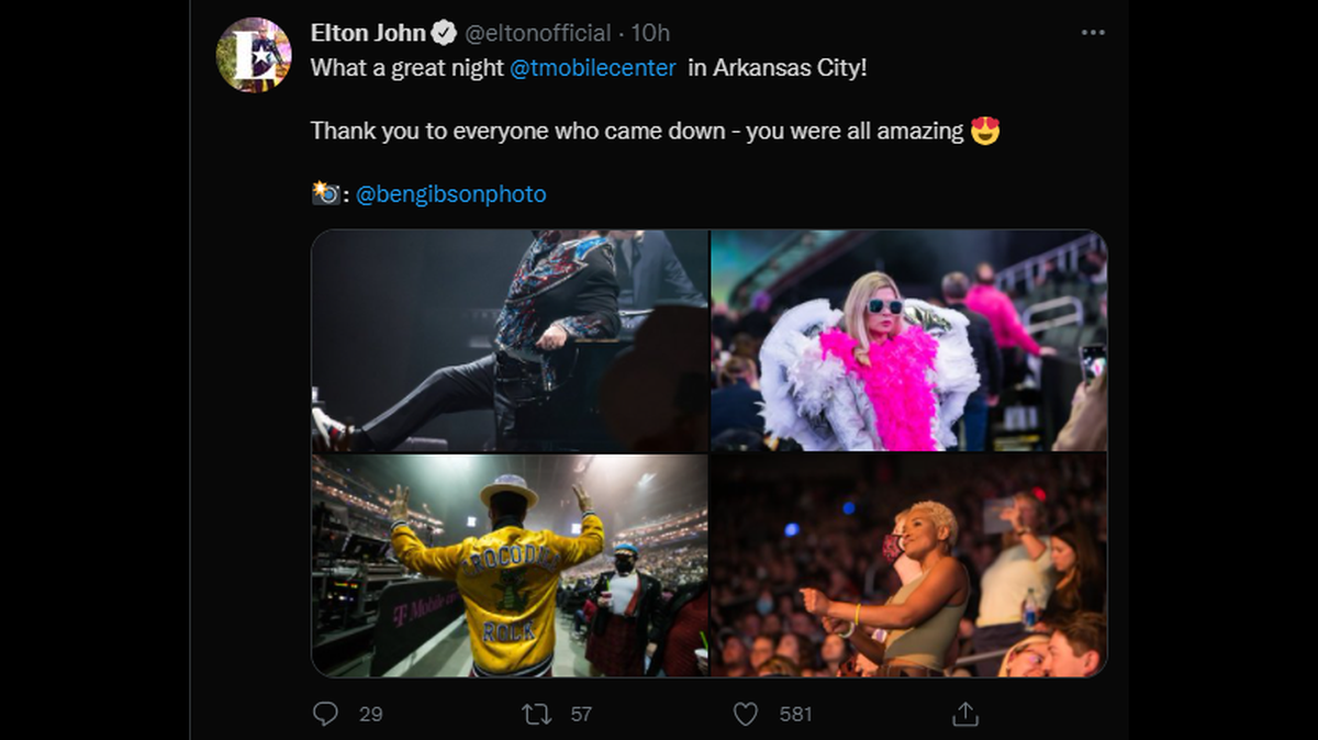 A message from Sir Elton John thanking fans in ‘Arkansas City’ after a Kansas City concert was posted to his official Twitter account on Wednesday morning.