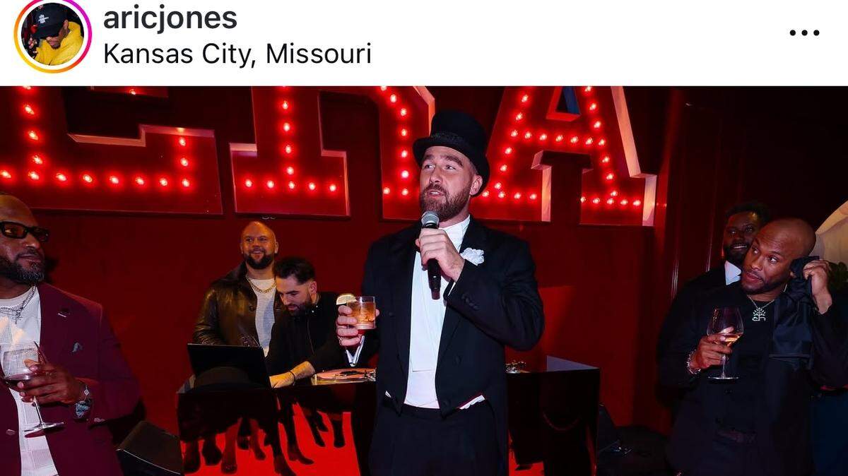 Travis Kelce wore white tie and tails, like he did during a show on the Eras Tour, at a recent party for girlfriend Taylor Swift. Guests are posting party pics on social media.