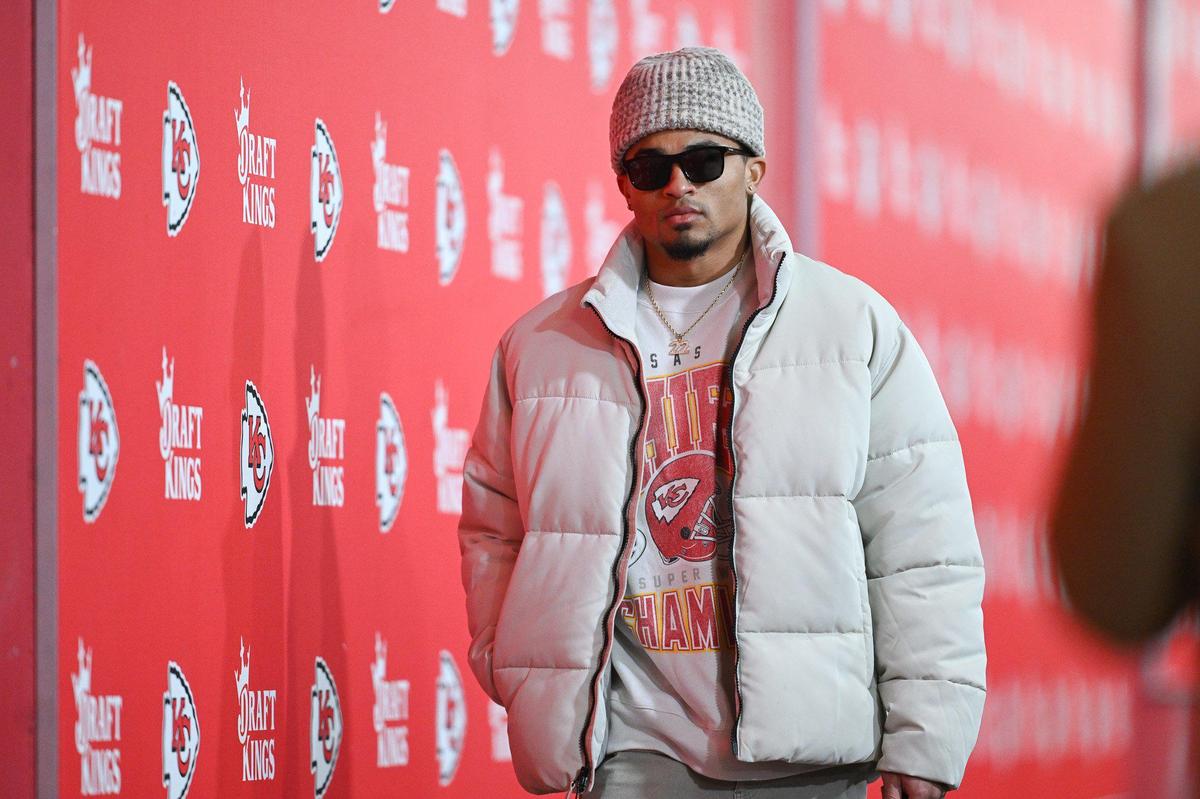 Kansas City Chiefs cornerback Trent McDuffie arrives before the AFC Divisional Round playoff game on Saturday, Jan. 18, 2025, at GEHA Field at Arrowhead Stadium.