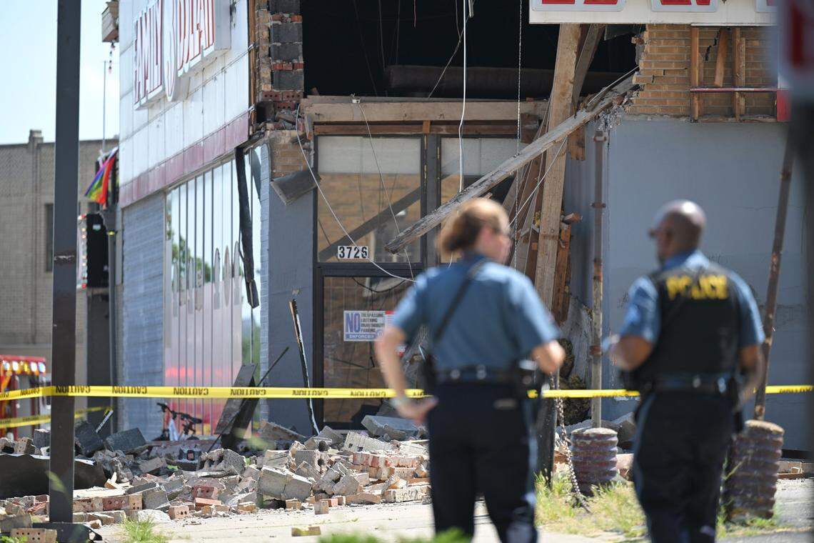 Police and KCFD were at the scene of a Family Dollar store in the 3700 block of Broadway after a portion of it collapsed Sunday, July 27, 2025. According to a KCFD spokesperson, one person was killed in the collapse and three others were injured, one with severe injures.