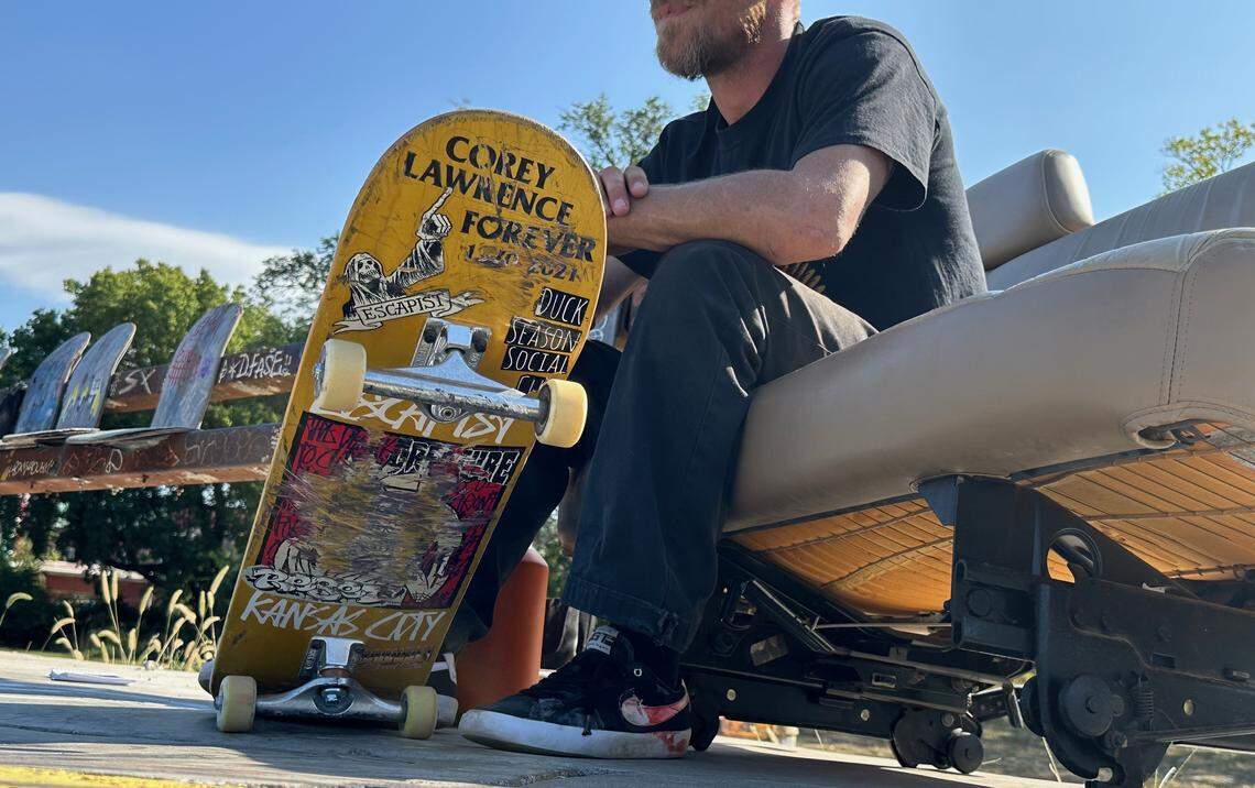 Scotty Laird rides a skateboard in honor of Kansas City skater Corey Lawrence. Lawrence passed away at 51 in 2021.