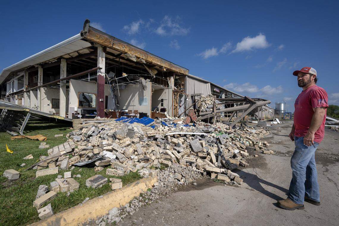 “I just really can't get over it,” said Eric Wendling, an operations manager at TruComp Pipe, as he looked over the tornado damage to his place of employment at 221 W. 17th St., on Tuesday, April 14, 2026, in Ottawa, Kansas. The tornado, which hit Monday night, destroyed the manufacturing company. His office was on the corner. 