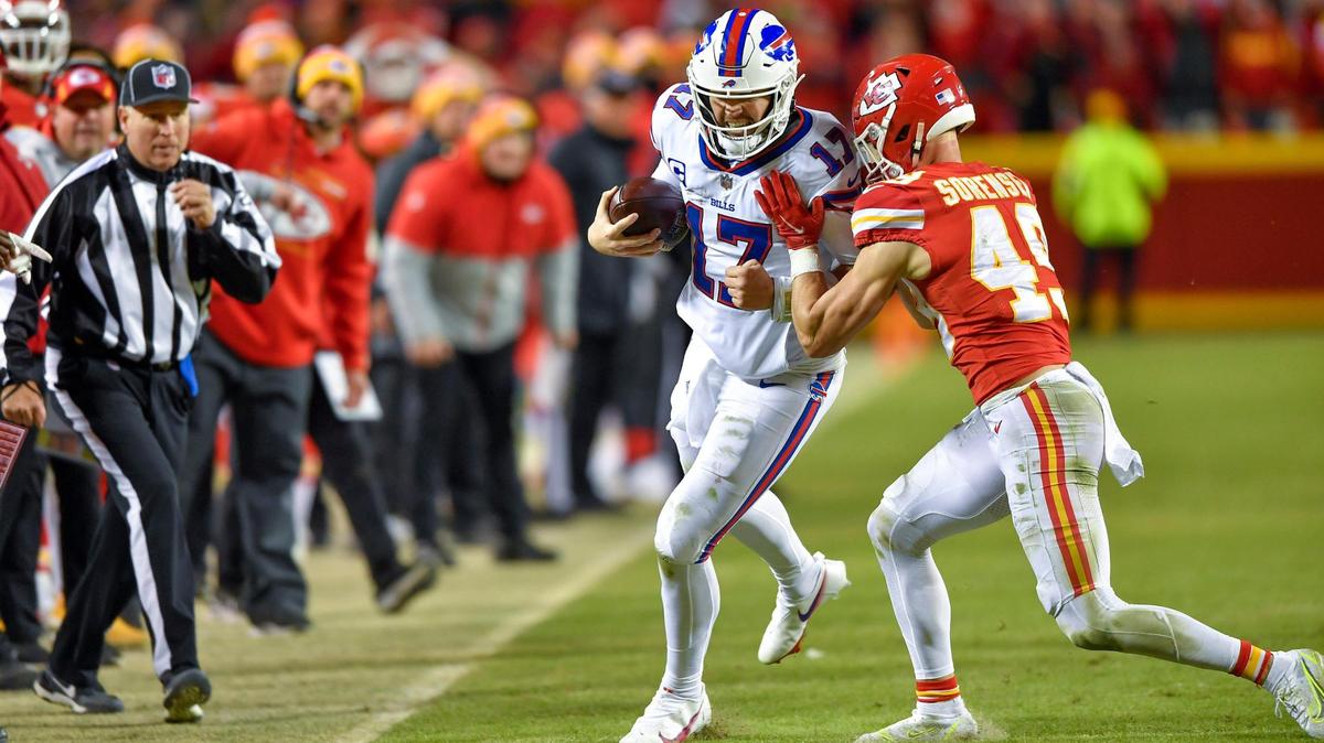 Buffalo Bills quarterback Josh Allen (17) was force out of bounds by Kansas City Chiefs safety Daniel Sorensen (49) during the second half of the AFC Divisional playoff game against Buffalo on Sunday, Jan. 23, 2022, at Arrowhead Stadium in Kansas City. The Chiefs defeated the Bills, 42-36 in overtime.