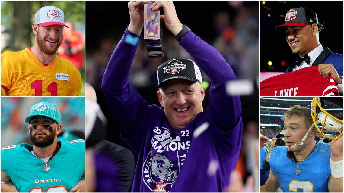 K-State coach Chris Klieman (middle) has coached several NFL quarterbacks during his time at both North Dakota State and KSU. They include (clockwise from top left) Carson Wentz, Trey Lance, Easton Stick and Skylar Thompson.