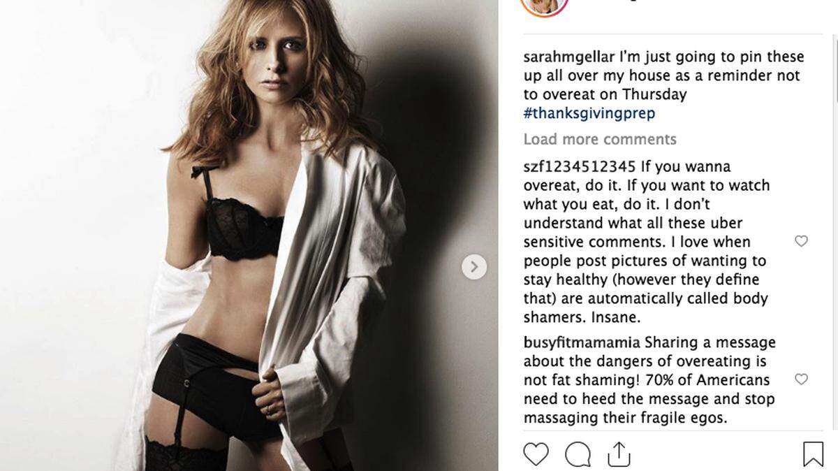 Actress Sarah Michelle Gellar has apologized for posting this photo of herself as a reminder “not to overeat” on Thanksgiving. Critics accused her of fat-shaming and mocking people with eating disorders.