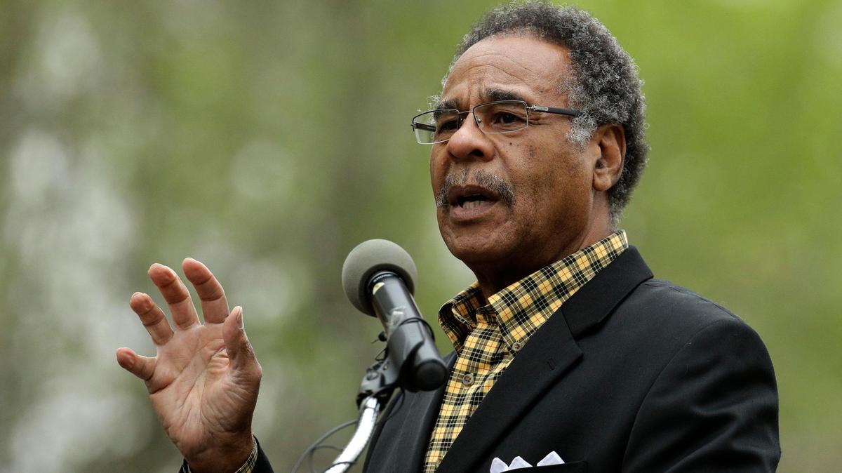 Rep. Emanuel Cleaver, D-Mo., addresses people attending a sign unveiling ceremony for the Quindaro Townsite National Commemorative Site Tuesday, April, 23, 2019, in Kansas City, Kan. The site contains the ruins of the town of Quindaro, which was founded in the 1850s as a free state port of entry and a stop on the underground railroad for slaves to escape from Missouri located across the Missouri River from the town.