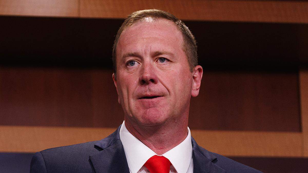 United States Senator Eric Schmitt (Republican of Missouri) speaks during a press conference in the Capitol Building regarding the upcoming impeachment trial of United States Secretary of Homeland Security Alejandro Mayorkas, on Tuesday, April 16, 2024. Credit: Aaron Schwartz / CNP/Sipa USA