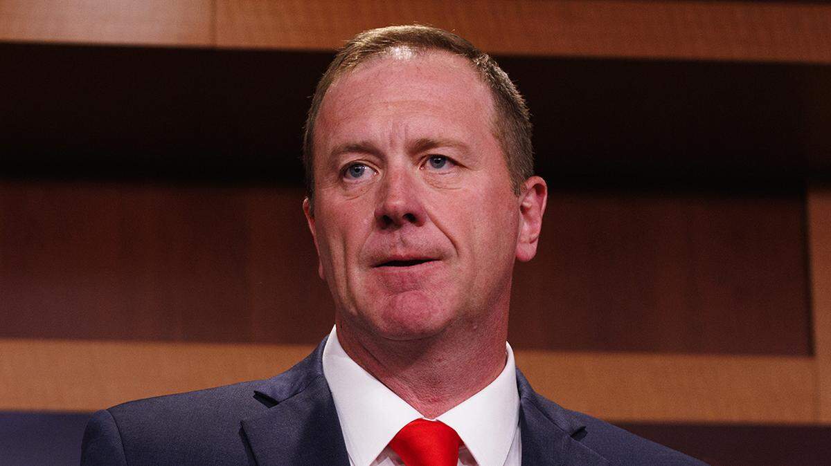 United States Senator Eric Schmitt (Republican of Missouri) speaks during a press conference in the Capitol Building regarding the upcoming impeachment trial of United States Secretary of Homeland Security Alejandro Mayorkas, on Tuesday, April 16, 2024. Credit: Aaron Schwartz / CNP/Sipa USA