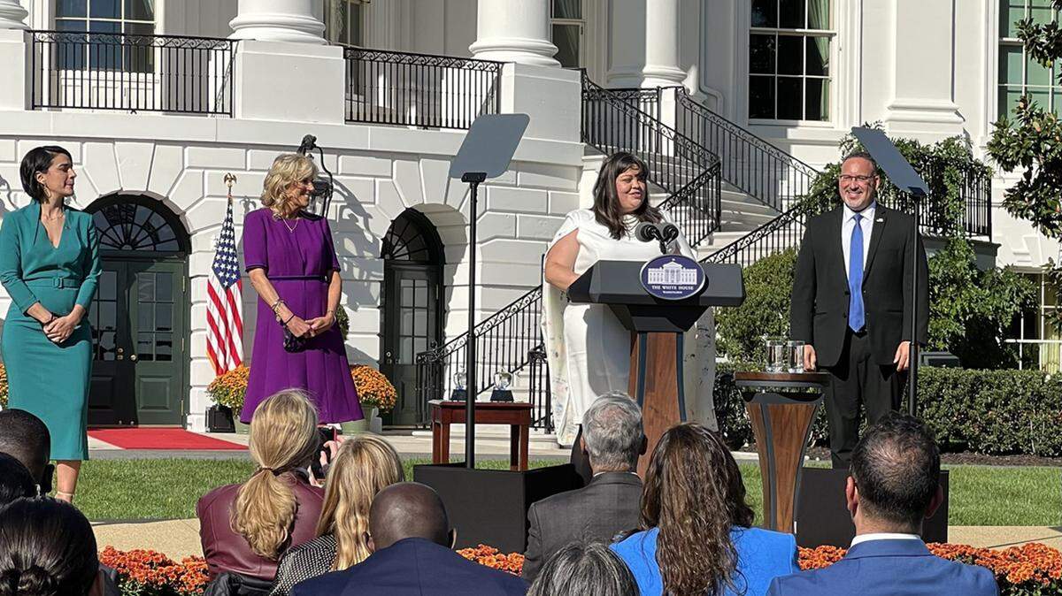 Olathe teacher Tabatha Rosproy speaks at the White House Oct. 18 as first lady Jill Biden and Education Secretary Miguel Cardona look on. Rosproy is the 2020 National Teacher of the Year.