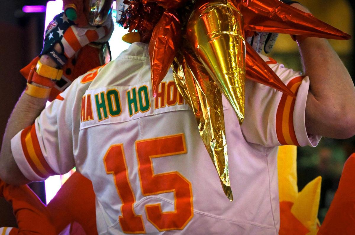 Don Lobmeyer of Wichita, Kansas, is known as “Chiefs Santa Ma Ho Ho Homes,” and wears a custom jersey with “Ma Ho Ho Homes,” on it as he travels around supporting the Chiefs. Lobmeyer, 55, is a retired Army National Guardsman from Wichita, Kansas, walked through a casino to support the Chiefs in Super Bowl LVIII.