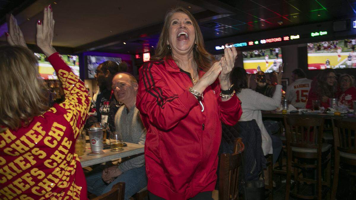 Linda Pasquale, of Olathe cheered on the Chiefs during a Super Bowl LIX watch party at The Bar. Another sixth location of The Bar will open in Olathe in late 2026. 