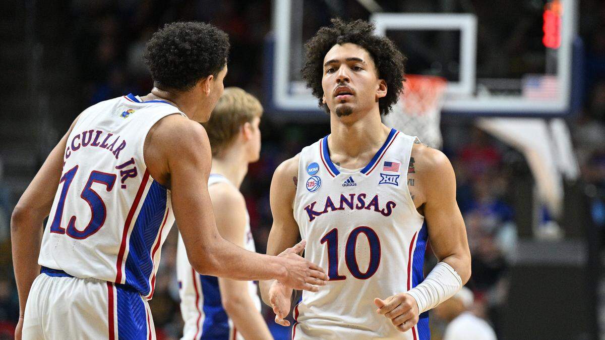Kansas forward Jalen Wilson (10) reacts during the second half against the Arkansas Razorbacks at Wells Fargo Arena in Des Moines, Iowa, on March 18, 2023.