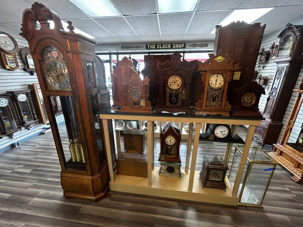 Repairs are the bulk of the business, but The Clock Shop also sells a wide variety of vintage clocks.