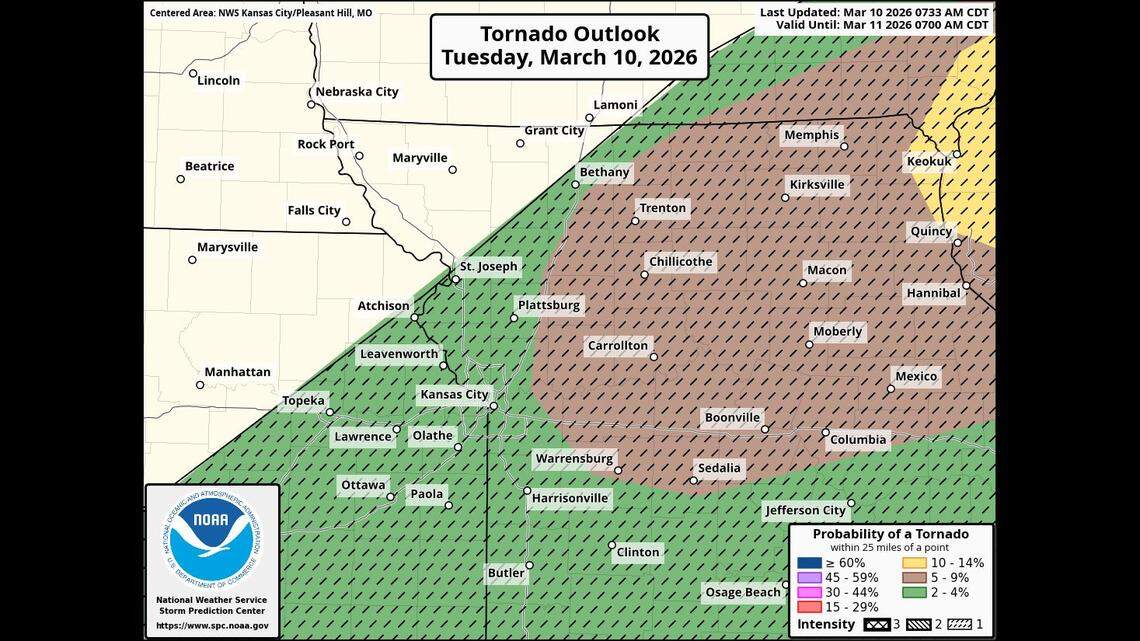 Tornadoes will be possible as severe thunderstorms roll through the Kansas City area on Tuesday. This map from the National Weather Service’s Storm Prediction Center shows parts of the Kansas City region (shaded green) has a 2-4% chance of a tornado within 25 miles of you. Areas to the east and northeast of Kansas City have a higher risk. The intensity shading indicates potential for tornadoes up to EF-2 strength.