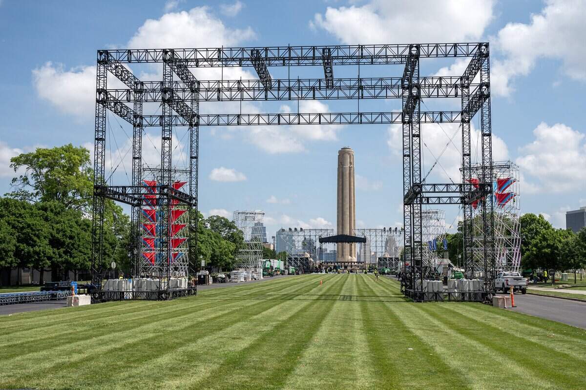 Construction crews prepare the FIFA Fan Festival site during a media walkthrough at the National WWI Museum and Memorial on Wednesday, May 27, 2026, in Kansas City.
