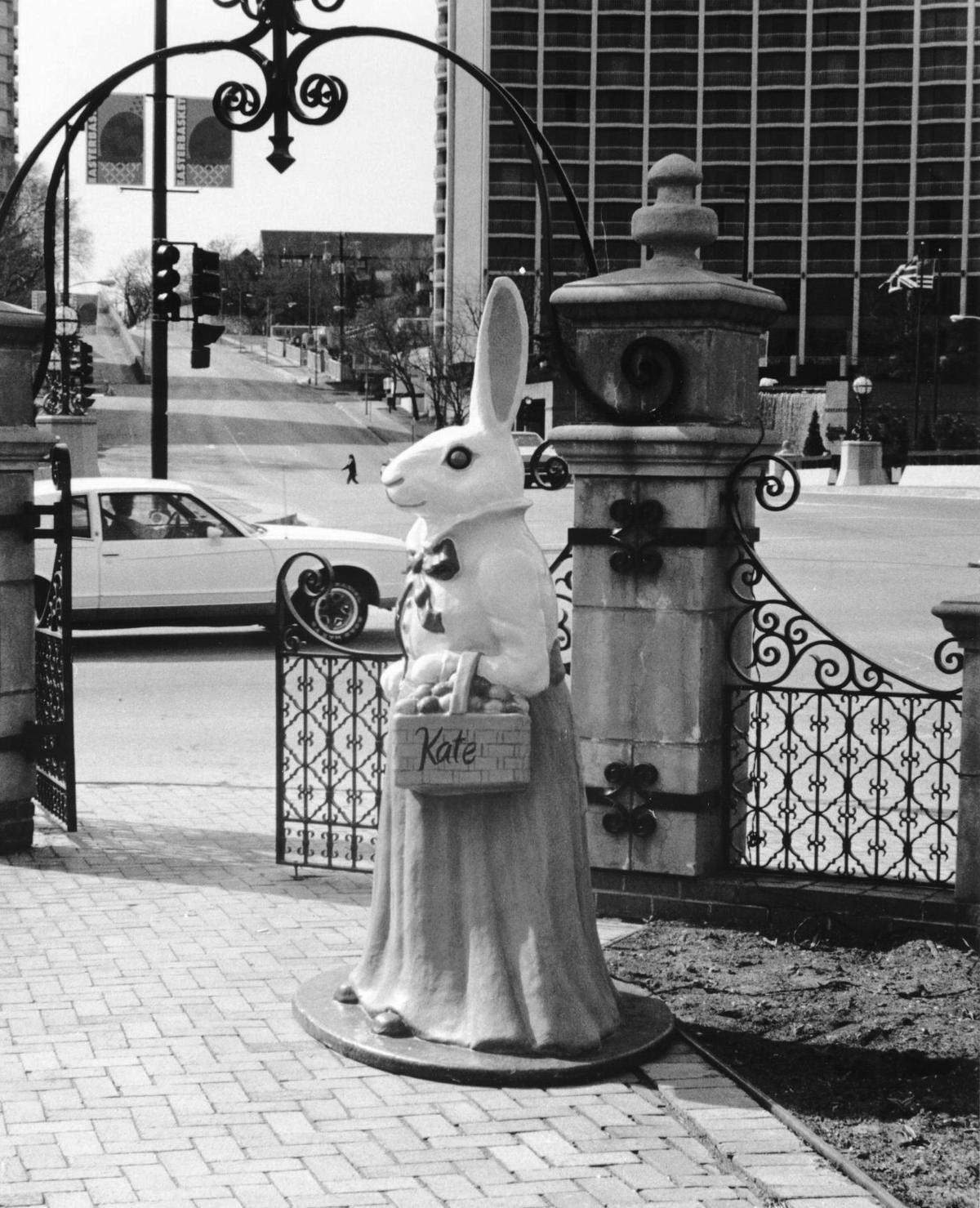 Easter Bunny “Kate”, located in the courtyard on northeast corner of Ward Parkway and Broadway, in 1989.