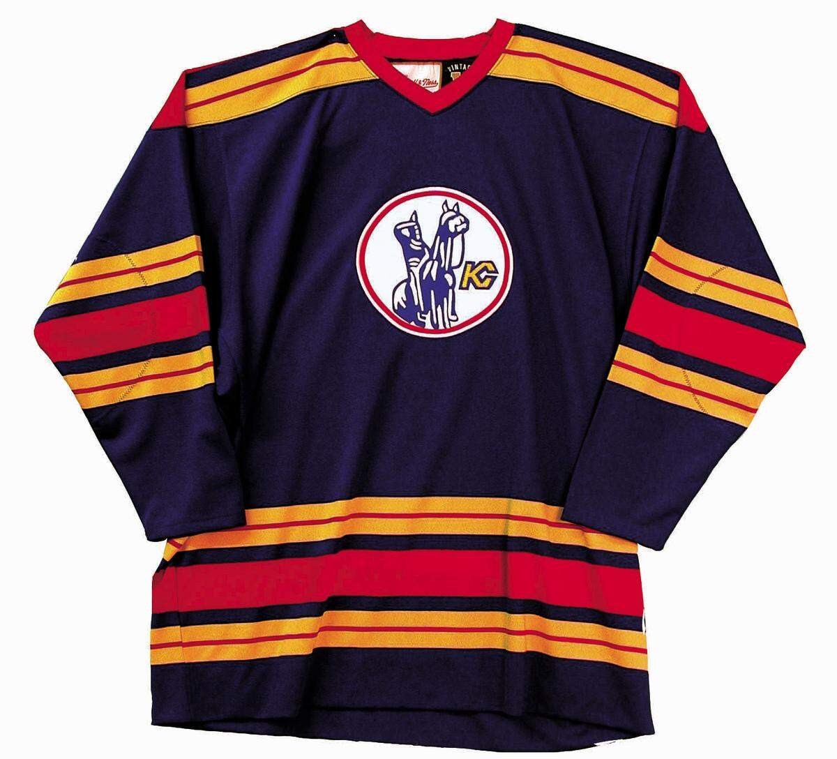 A 1975 Kansas City Scouts hockey jersey for road games, with the namesake statue.