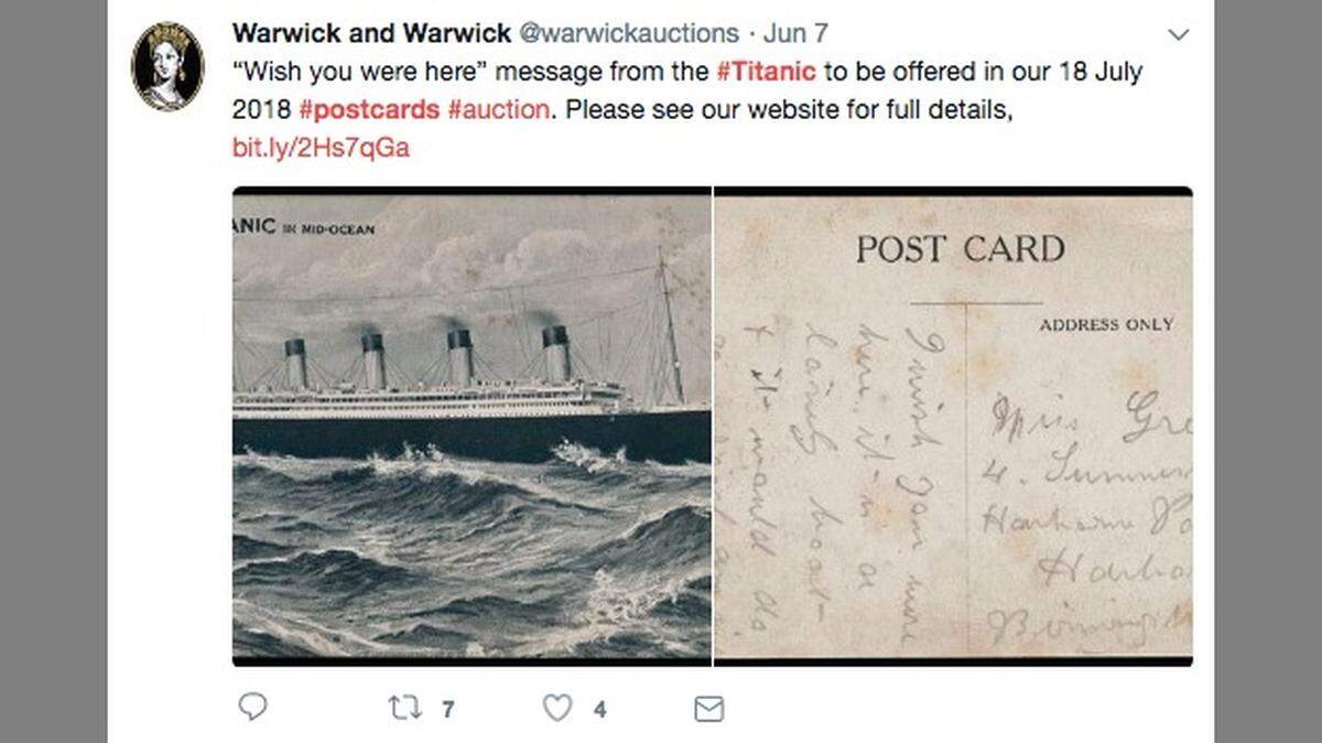 Three days before the Titanic sank, Sarah Daniels, traveling as a maid, wrote a postcard to a friend that said, "I wish you were here." That rare postcard will go up for auction next month.