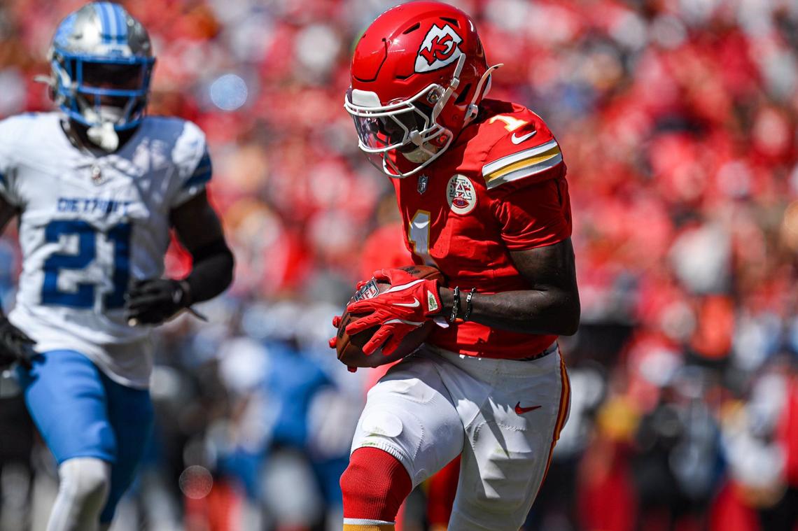 Kansas City Chiefs wide receiver Xavier Worthy (1) pulled in a pass for a touchdown in the first quarter against the Detroit Lions on Saturday, Aug. 17, 2024, at GEHA Field at Arrowhead Stadium.