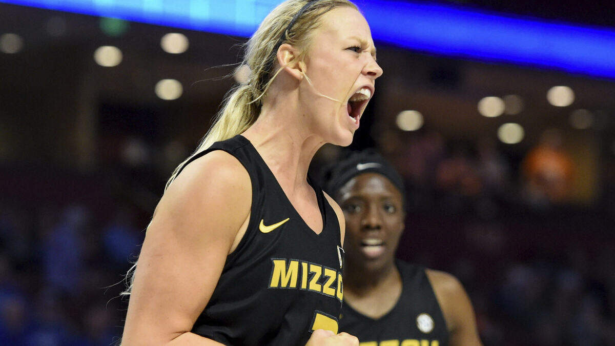 Missouri’s Sophie Cunningham reacts during the second half of a women’s Southeastern Conference NCAA college basketball tournament game against Kentucky, Friday, March 8, 2019, in Greenville, S.C. (AP Photo/Richard Shiro)