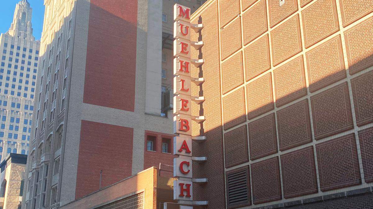The Muehlebach sign outside a downtown hotel.