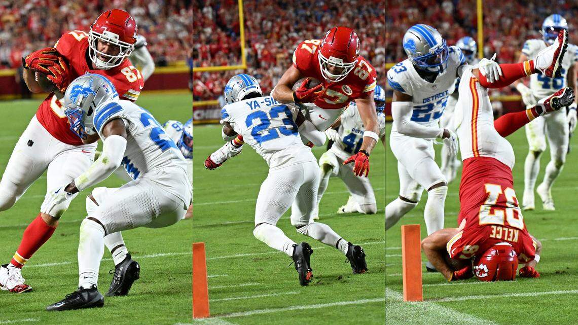 When Kansas City Chiefs tight end Travis Kelce (87) tried to leap over Detroit Lions cornerback Rock Ya-Sin (23) in the second quarter, he landed on his head short of the goal line on Sunday, Oct. 12, 2025, at GEHA Field at Arrowhead Stadium.