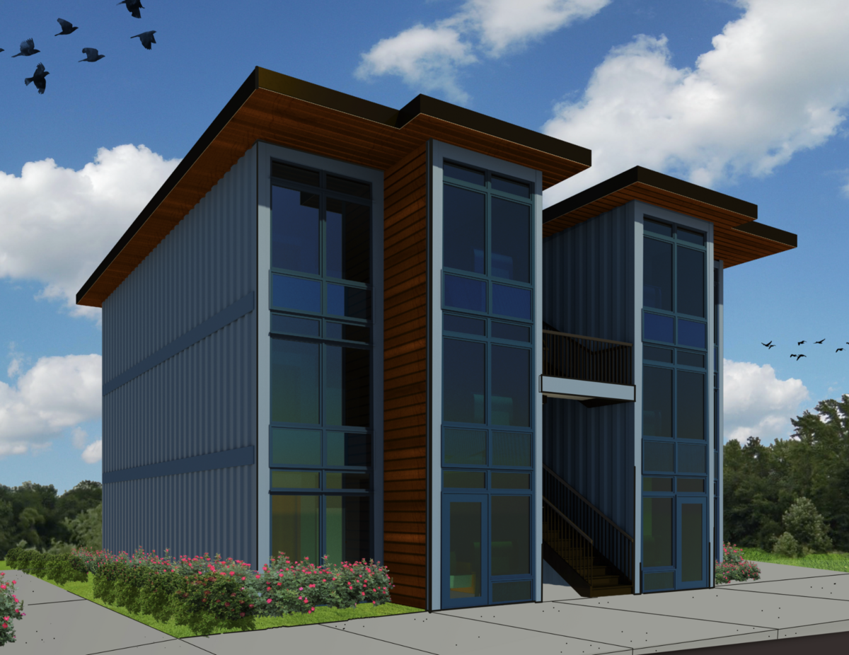 A rendering of one of the four Nagaoka shipping container apartment buildings being erected on Signal Hill. Each will contain 12 studio apartments at 320 square feet each, for a total of 48 apartments.