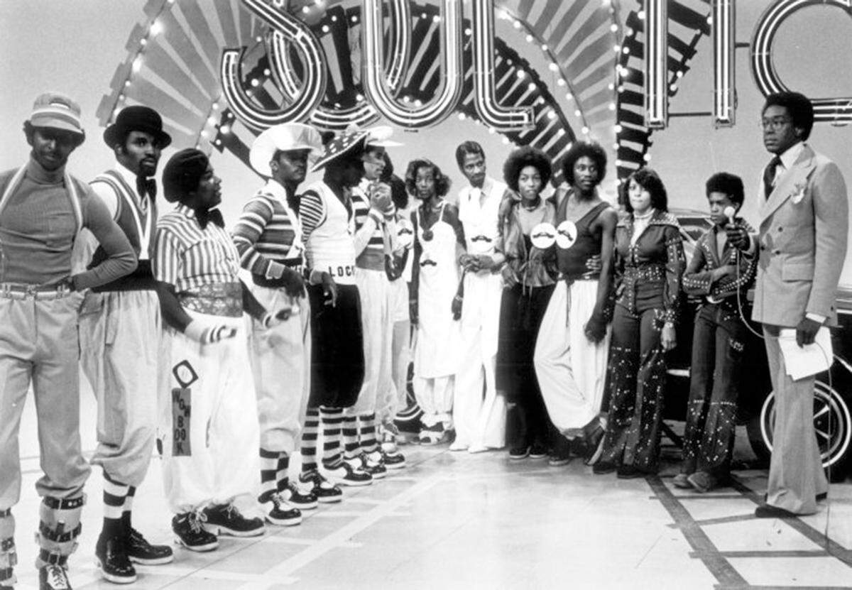 “Soul Train” creator Don Cornelius, far right, pictured on a 1975 episode with David Ruffin, the Lockers, 9th Creation and Shirley Brown.