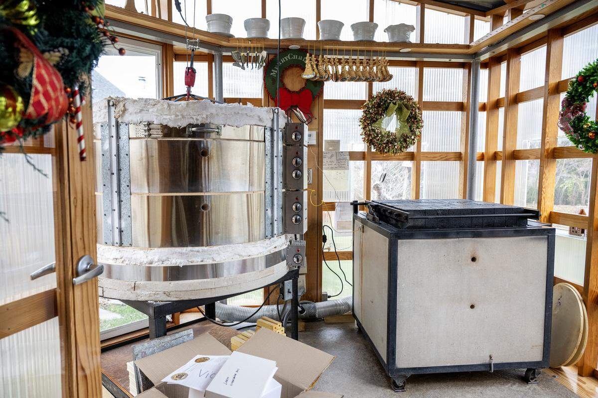 Two large kilns are seen in artist Irma Starr's home studio on Thursday, Dec. 11, 2025, in Kansas City.
