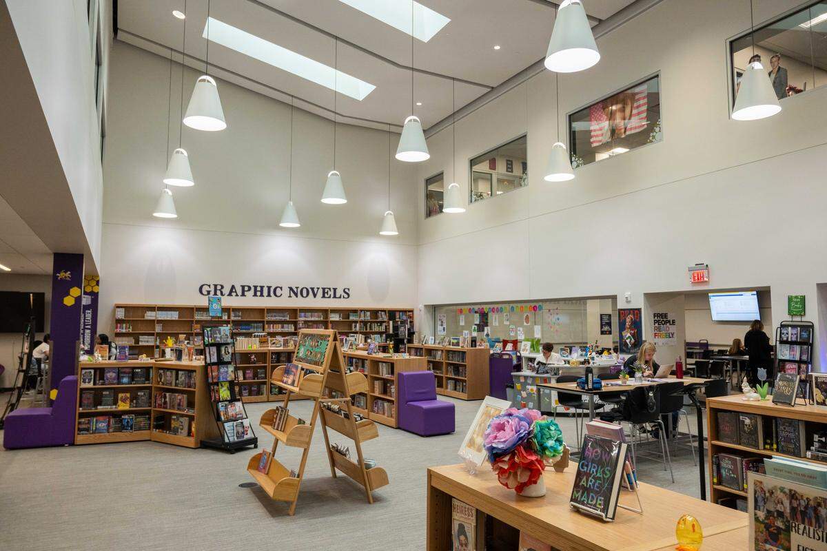 The Nancy Knipfel Library inside the original North Kansas City High School building, on Wednesday, March 25, 2026, in North Kansas City. The library was named after Knipfel who has been involved with the school for over 45 years.