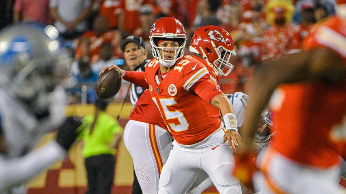 Kansas City Chiefs quarterback Patrick Mahomes looks for an open receiver in the first half against the Detroit Lions Thursday, Sept. 7, 2023, at GEHA Field at Arrowhead Stadium.