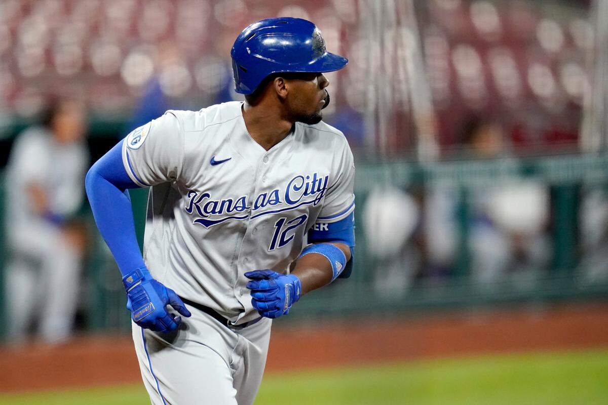 Kansas City Royals’ Jorge Soler watches his three-run home run during the sixth inning of a baseball game against the St. Louis Cardinals Monday, Aug. 24, 2020, in St. Louis. (AP Photo/Jeff Roberson)