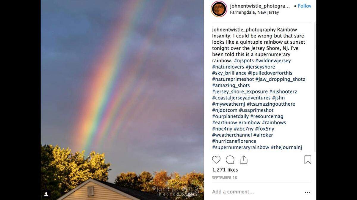 Photographer John Entwistle in New Jersey took a picture of a quintuple rainbow two weeks ago as the last bit of Hurricane Florence passed through his area. Triple rainbows are common, but quintuples are rare, say scientists.