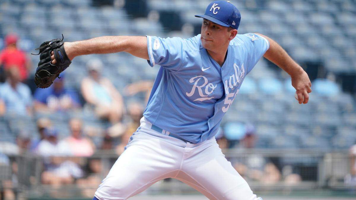 Kansas City Royals starting pitcher Kris Bubic throws in the first inning against the Tampa Bay Rays during a baseball game Sunday, July 24, 2022, in Kansas City, Mo. (AP Photo/Ed Zurga)
