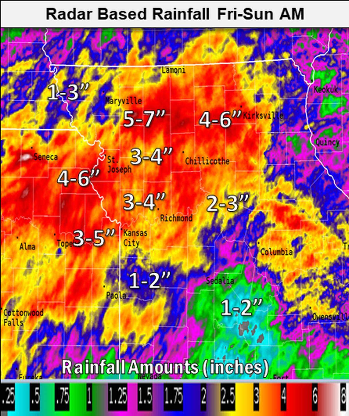 Several rounds of storms dumped more than 6 inches of rain across parts of northern Missouri over the weekend, which caused river and other flooding, according to the National Weather Service in Pleasant Hill.