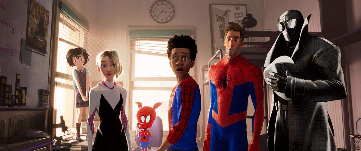 The new faces of Spider-Man include (from left): Peni (Kimiko Glen), Spider-Gwen (Hailee Steinfeld), Spider-Ham (John Mulaney), Miles Morales (Shameik Moore), Peter Parker (Jake Johnson) and Spider-Man Noir (Nicolas Cage).