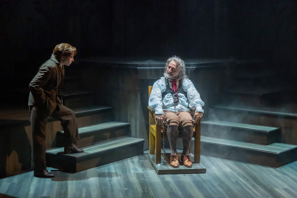 Vanessa Severo as Van Helsing, a role traditionally played by a man, and Harmon dot aut as Renfield in the Kansas City Repertory Theatre’s “Dracula,” on stage through Nov. 2 at the Copaken Stage.