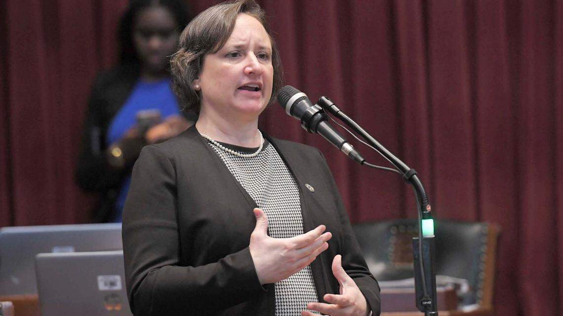 Missouri state Rep. Sarah Unsicker, a Shrewsbury Democrat and candidate for Missouri attorney general, speaks on the floor of the Missouri House.