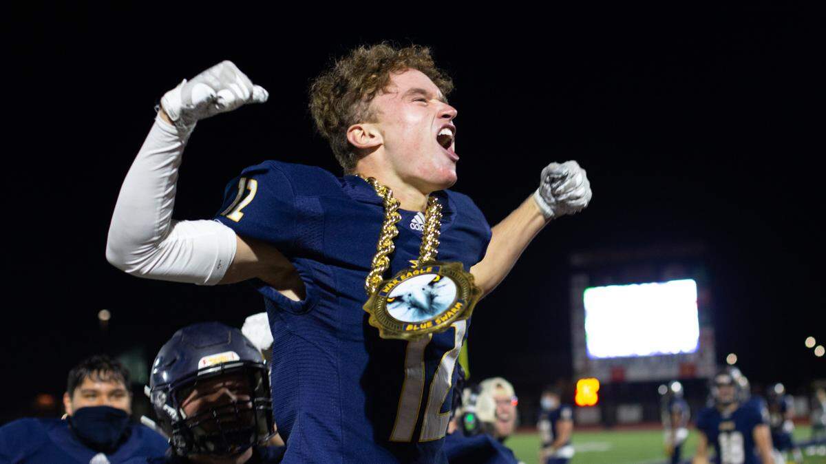 Liberty North defensive back Trey Snyder celebrates after getting an interception against Rock Bridge in Friday night’s Class 6, District 4 semifinal at Zaxby’s Field. The Eagle defense came up with several turnovers and a safety in its 44-0 shutout of the Bruins.