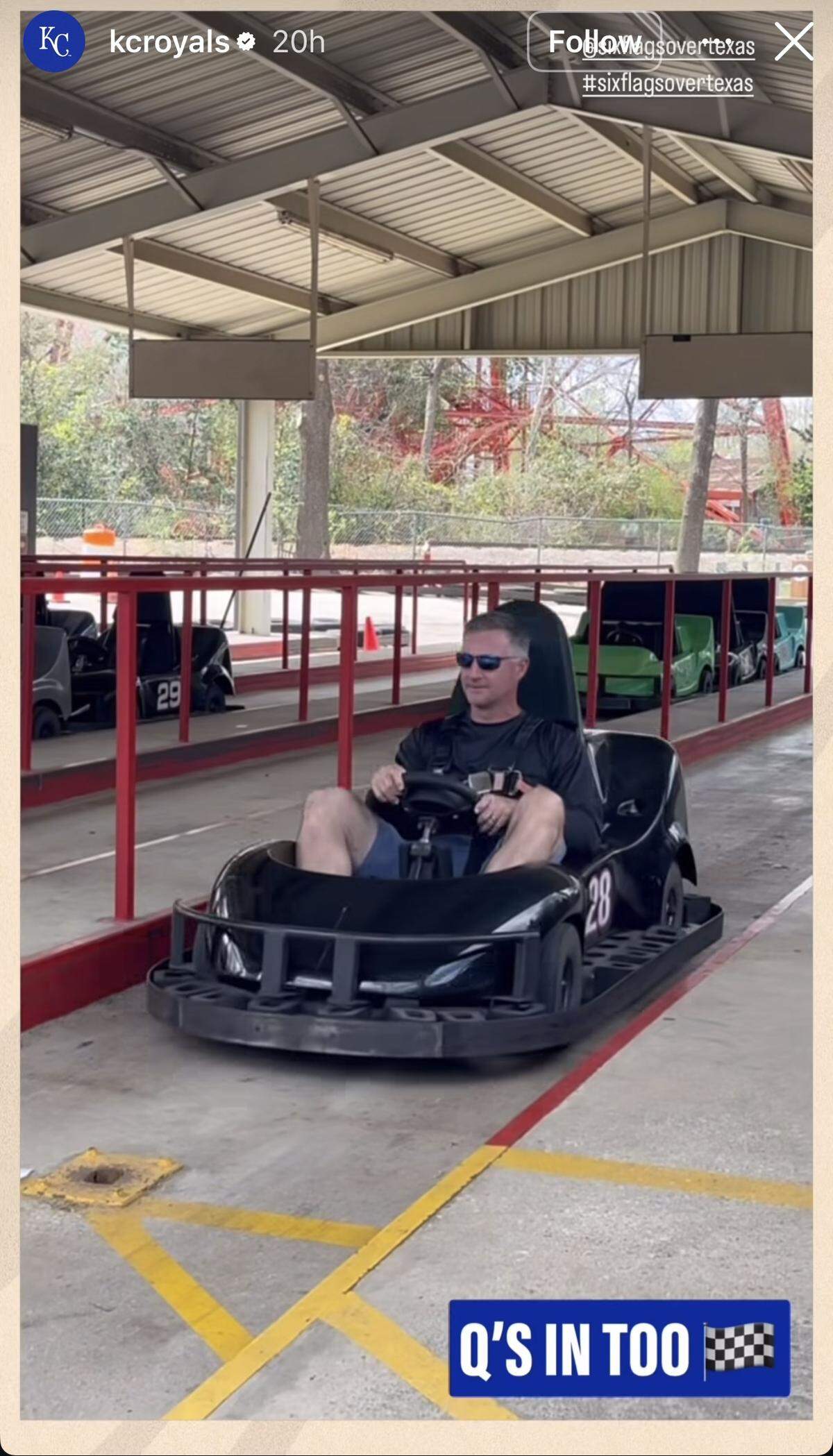 Royals manager Matt Quatraro, always driving the action, at Six Flags Over Texas.