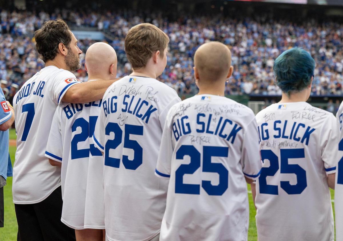Paul Rudd lined up with guests for the start of the Royals game after the Big Slick Celebrity Softball game on Friday, May 30, 2025, at Kauffman Stadium in Kansas City.