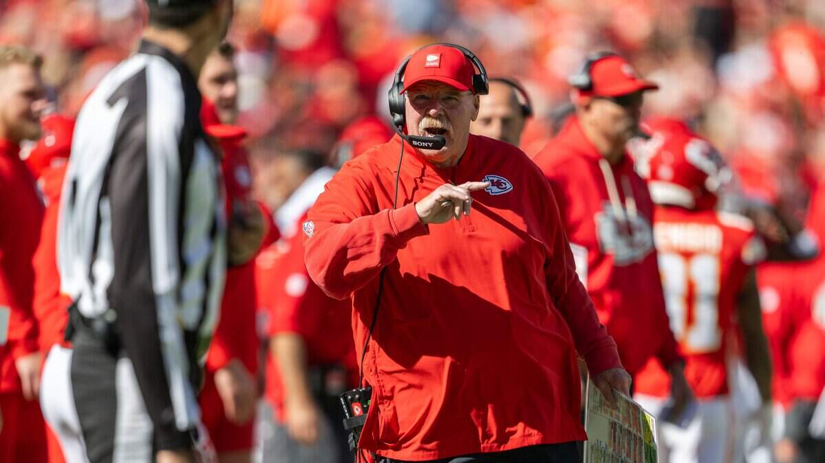 Kansas City Chiefs head coach Andy Reid yells at the referee during the second half of the Chiefs game vs. the Las Vegas Raiders on Sunday, October 19, 2025, at GEHA Field at Arrowhead Stadium.
