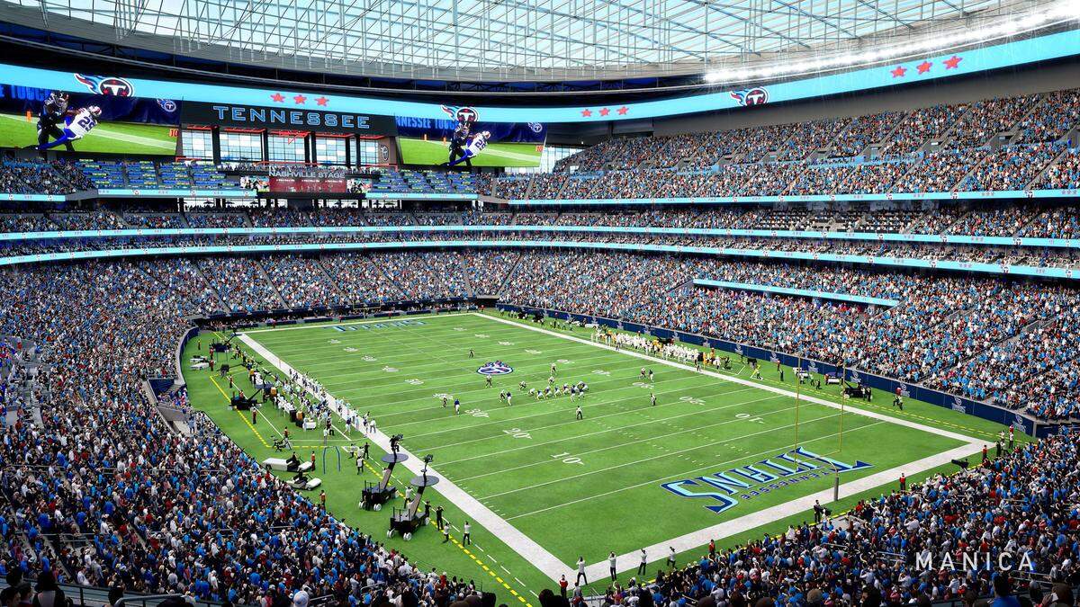 This illustration shows the inside of the new Nissan Stadium in Nashville, Tennessee, set to be completed in 2027. The Titans released this rendering in 2022.