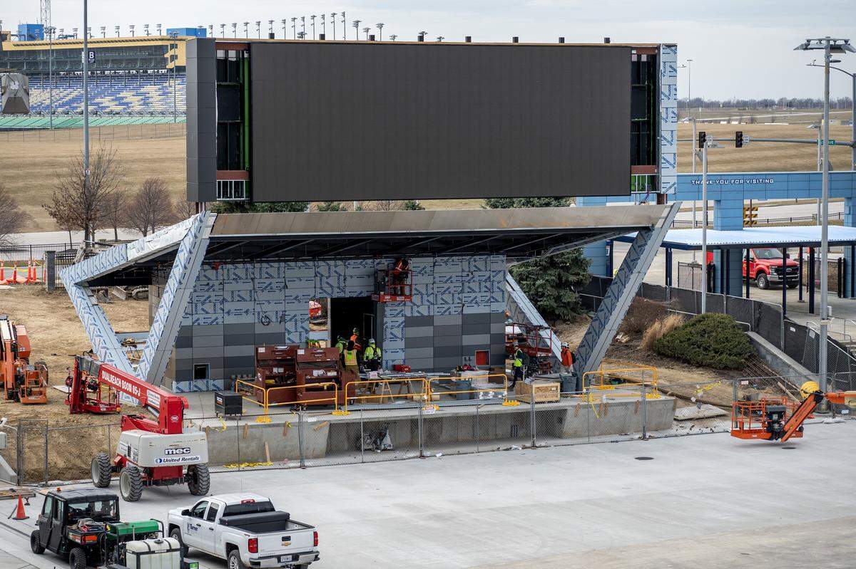 Construction is seen near the entrance at Sporting Park on Tuesday, Feb. 24, 2026, in Kansas City, Kansas.