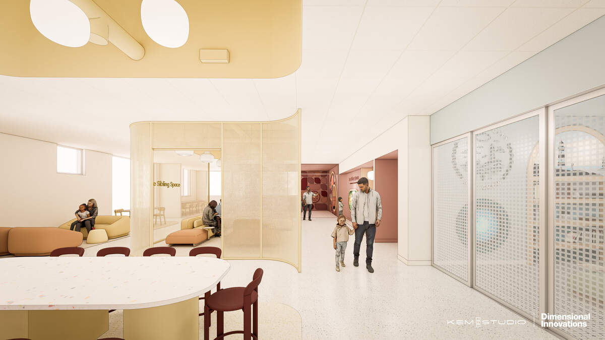 A rendering of The Sibling Space, an area that allows families to rest during medical visits at the accompanying Halo Care Collective, the medical clinic apart of a $104M entertainment district in Olathe.