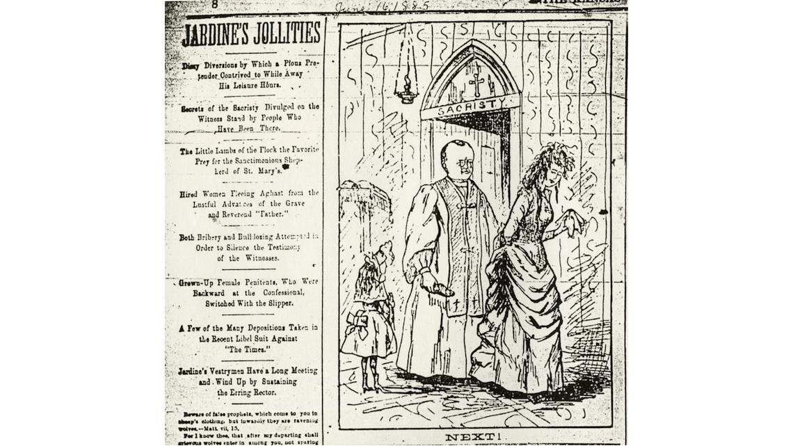Cartoon that accompanied an article accusing Jardine of inappropriate acts with female parishioners, Kansas City Times, June 16, 1885.