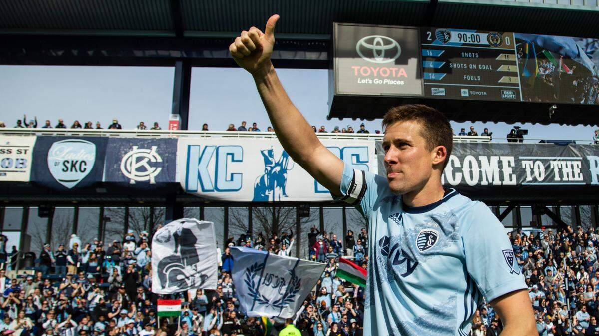 Sporting Kansas City defender Matt Besler (5) celebrates after defeating the Philadelphia Union at Children’s Mercy Park on March 10, 2019.