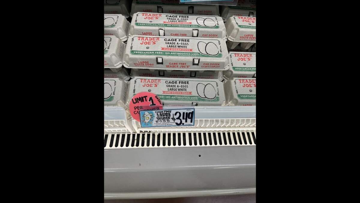 A sign at Trader Joe’s, 8600 Ward Parkway, says they’re limiting customers to one carton of eggs per purchase.